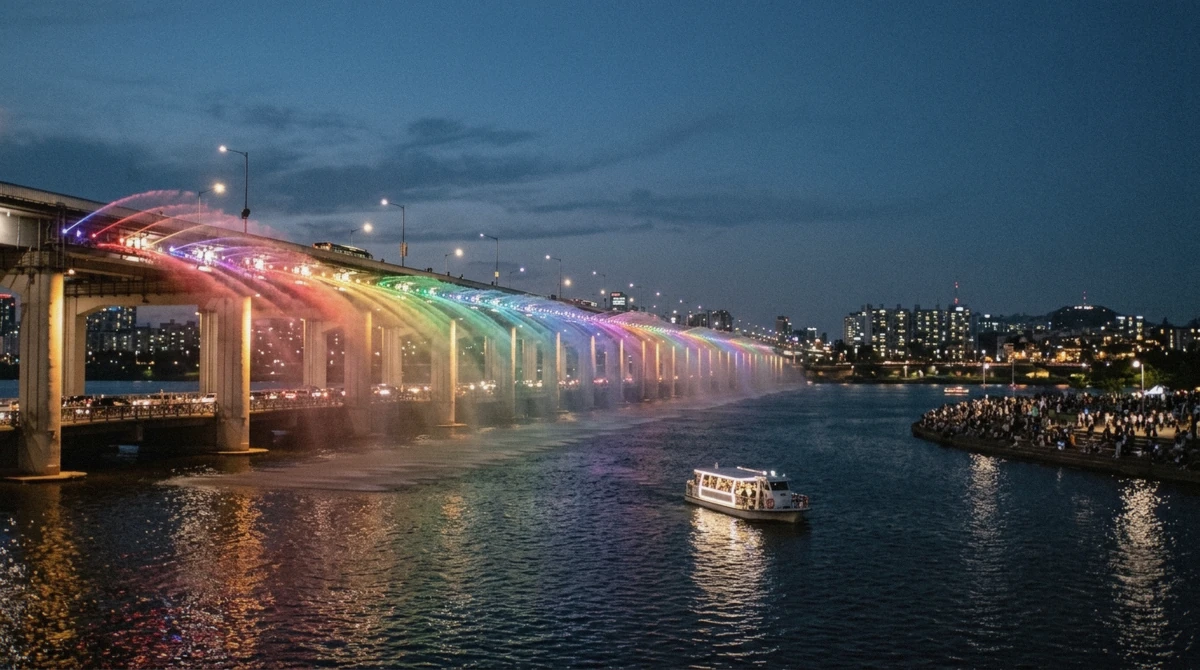Colored water arcs from the Banpo Bridge rainbow fountain show lit up at night over the Han River, Seoul