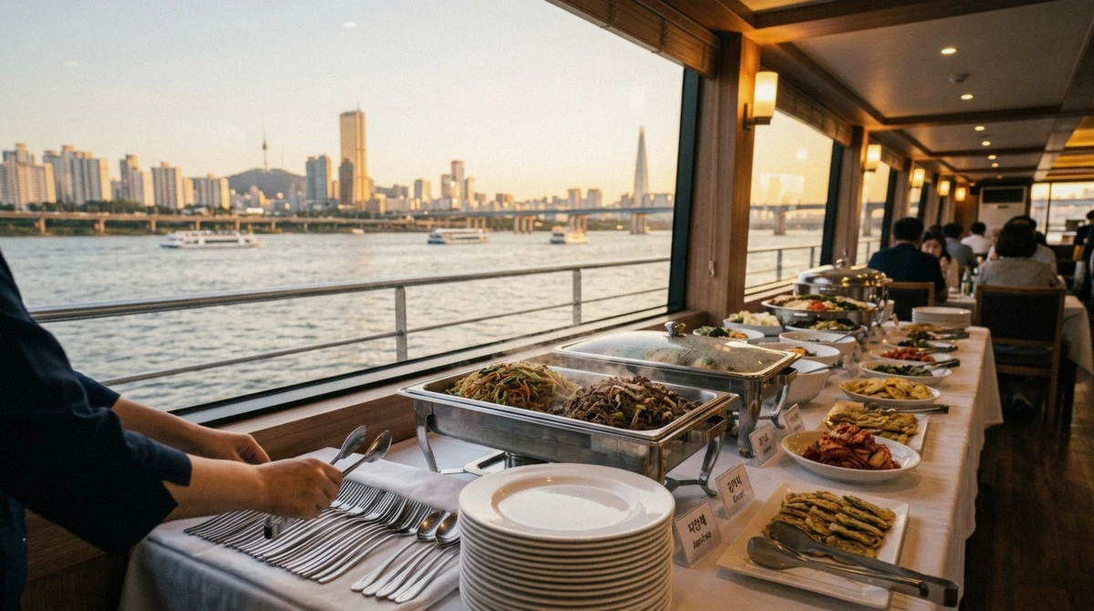 Table set for a Han River dinner cruise buffet with the Seoul skyline visible through the window at dusk