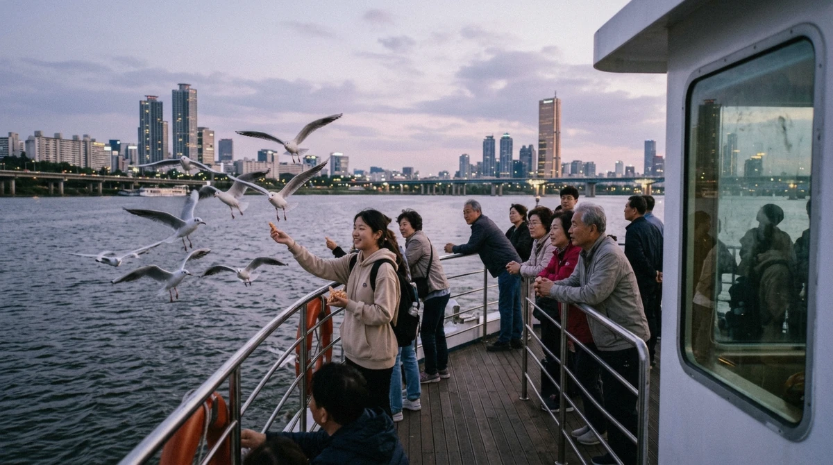 Open deck of a Han River cruise boat at dusk, the setting for both sightseeing and dinner cruise sailings from Yeouido