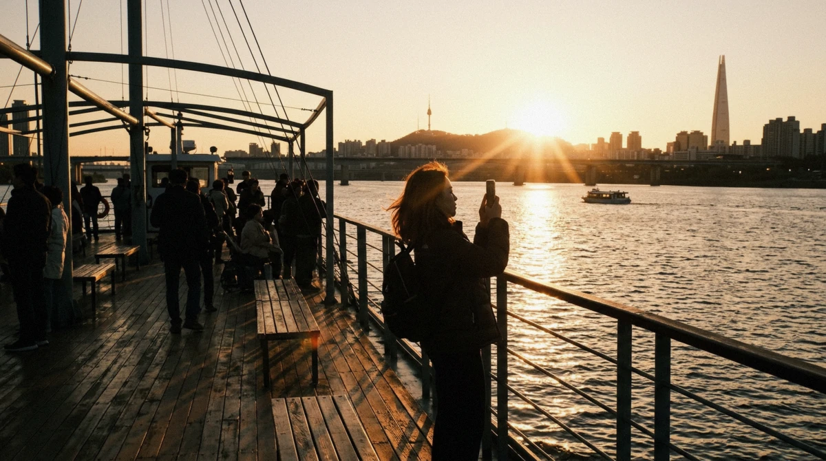 Golden hour light over the Han River seen from the deck during a Han River sunset cruise near Yeouido, Seoul