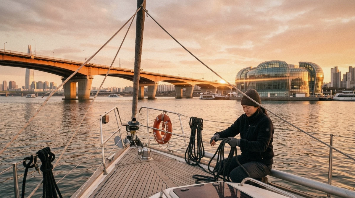 Golden hour light on the Han River during the best time for a Han River cruise, near Banpo Bridge, Seoul